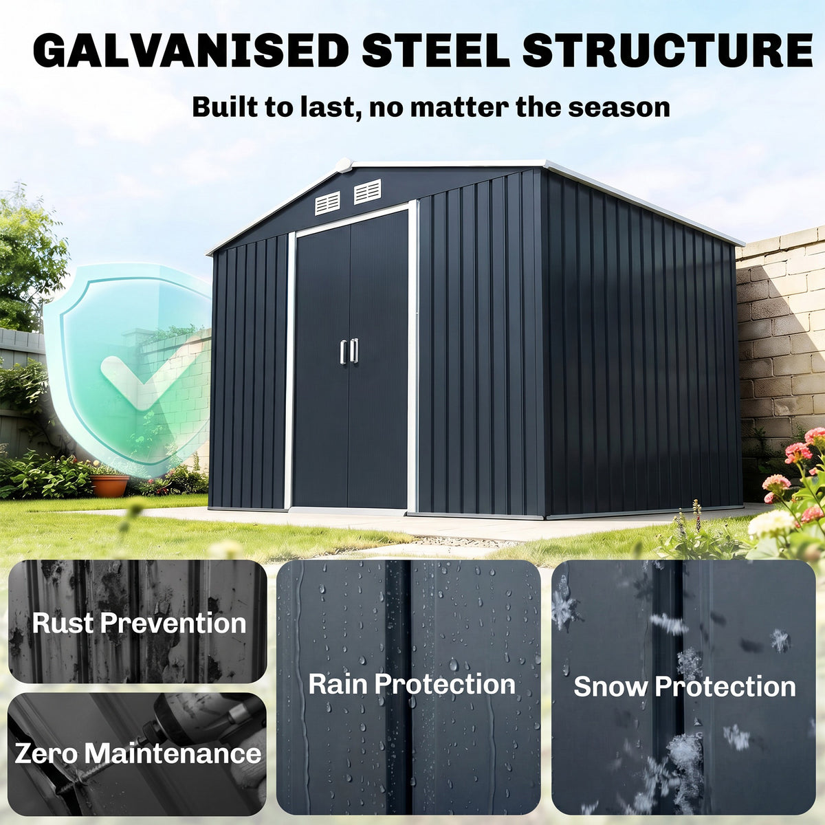 9 x 6ft Metal Bicycle Shed, Outdoor Storage Tool House with Ventilation Slots, Foundation Kit and Lockable Double Doors, Dark Grey