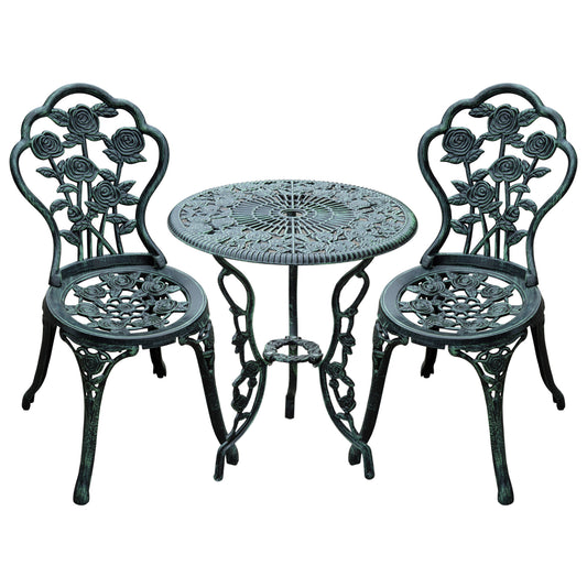 Cast Aluminium Outdoor Patio Garden Bistro Design Table Chair Set - Green (3-Piece)