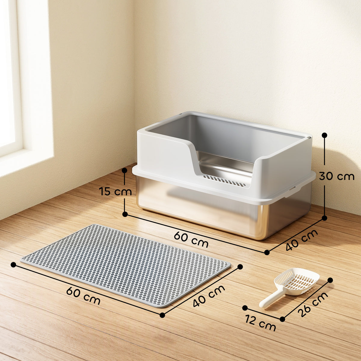 XL Stainless Steel Cat Litter Tray with Lid, High Sided Cat Litter Box with Scoop and Mat, Light Grey