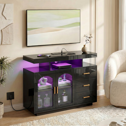 High Gloss Sideboard with LED Lights, Built-in Power Outlets, 3 Drawers, Shelves and 2 Acrylic Doors