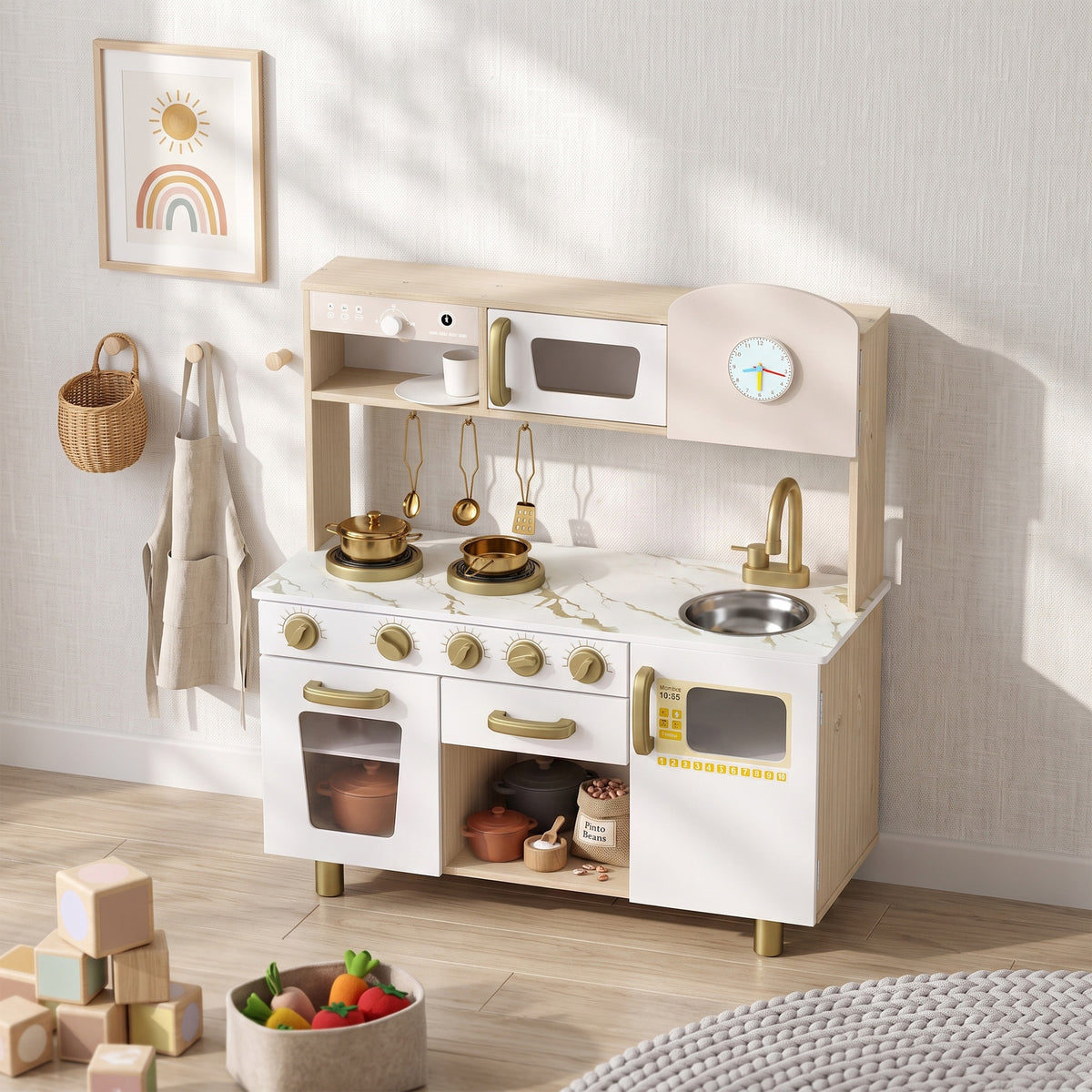 Play Kitchen, Kids Kitchen Playset with Rotating Coffee Machine, Storage Shelf, Stove, Gift for Kids 3-6 Years, White