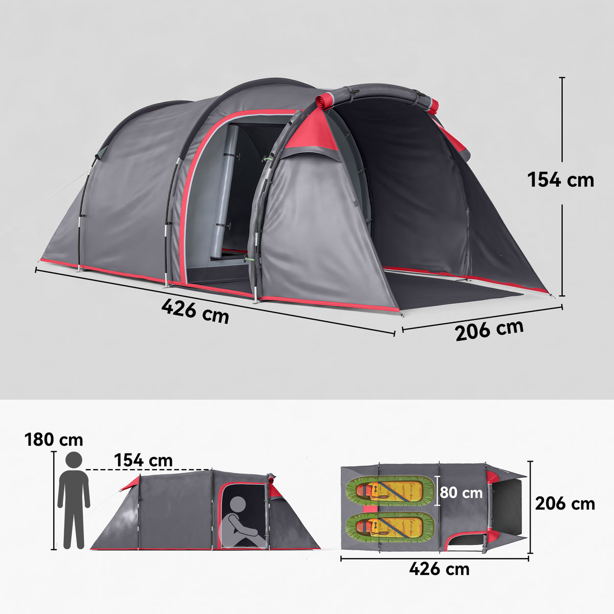 2 Man Tunnel Tent with Sewn-in Groundsheet, Air Vents, Rainfly, 2000mm Large Camping Tent with Bedroom, Porch, Living Area for Camping, Hiking, 426L x 206W x 154H cm