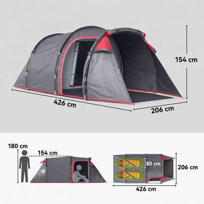 2 Man Tunnel Tent with Sewn-in Groundsheet, Air Vents, Rainfly, 2000mm Large Camping Tent with Bedroom, Porch, Living Area for Camping, Hiking, 426L x 206W x 154H cm