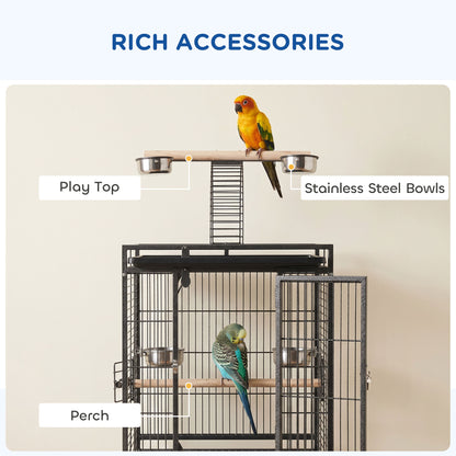 156cm Bird Cage, Parrot Cage with Open Play Top, Perch, Seed Guard, Wheels, Storage Shelf, Dark Grey