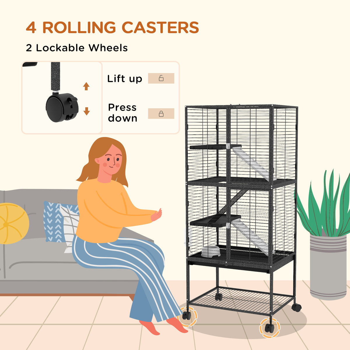 Rolling Chinchilla Cage, Small Animal Cage for Ferrets w/ Three Doors, Storage, Shelf, Tray, Bowl, Water Bottle