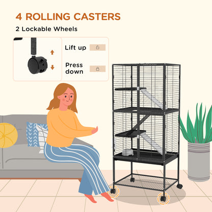 Rolling Chinchilla Cage, Small Animal Cage for Ferrets w/ Three Doors, Storage, Shelf, Tray, Bowl, Water Bottle