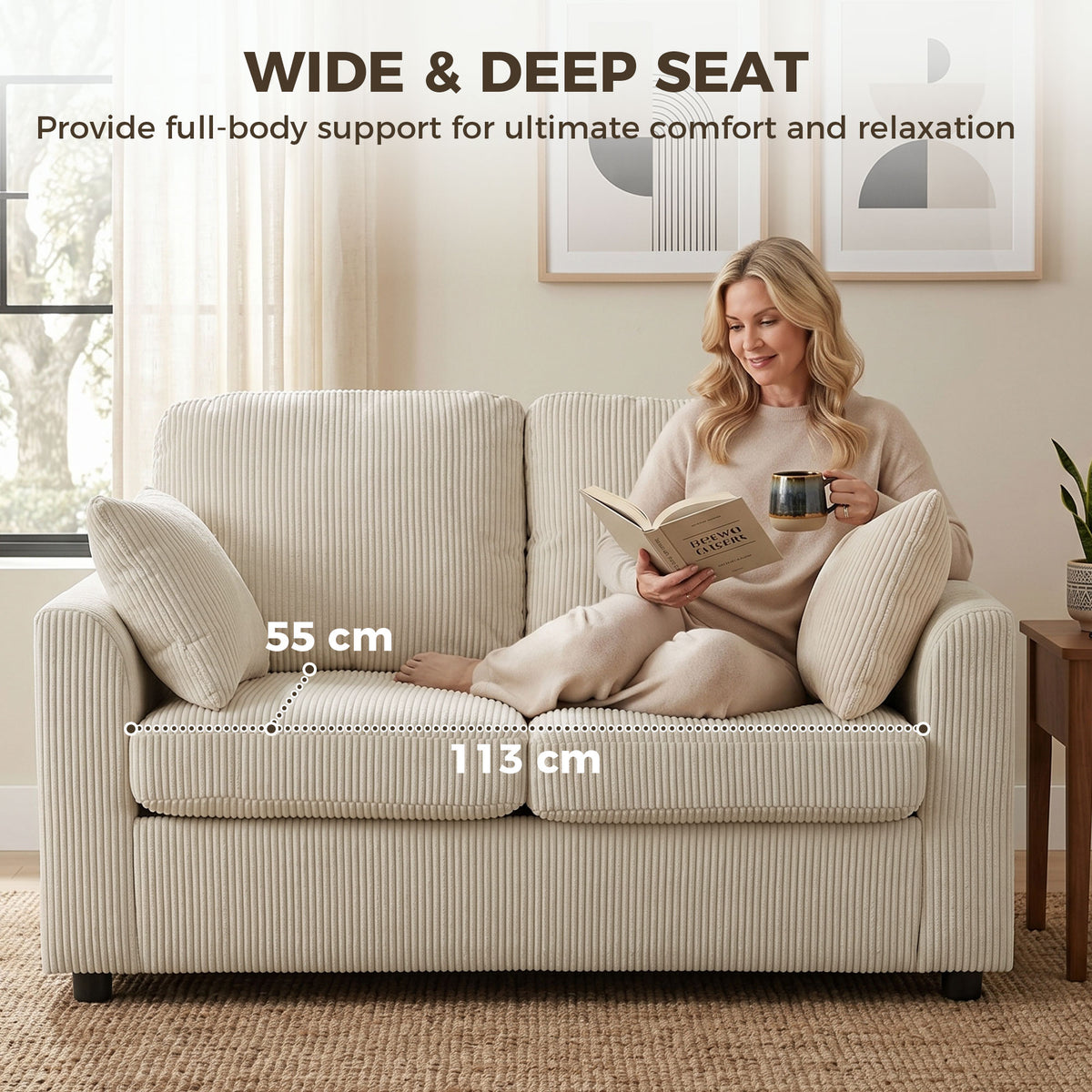 2 Seater Sofa, Corduroy Small Couch with Spring Cushion, Wide and Deep Seat