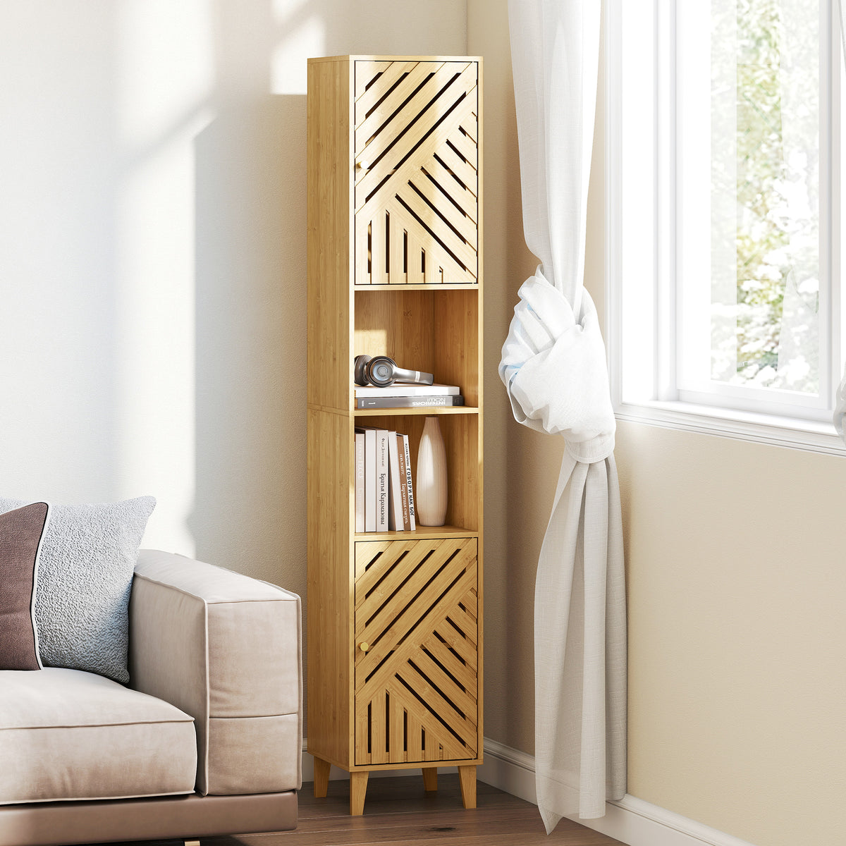 Multi-Storage Bamboo Door Bathroom Cabinet - Natural Finish