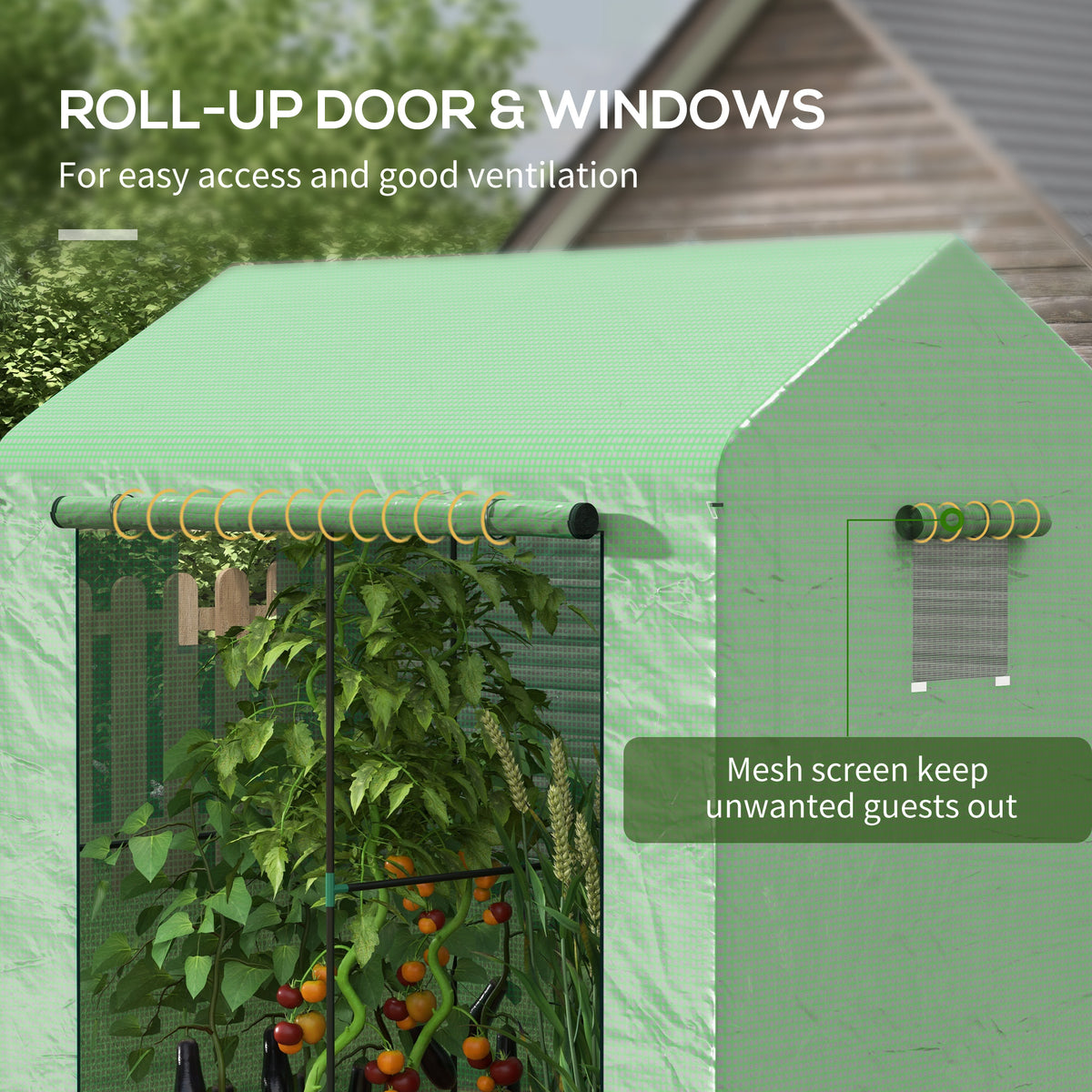 Greenhouse, Walk-in Garden Grow House with Roll-up Door and Mesh Windows, 200 x 140 x 200cm