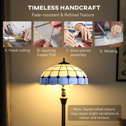 Tiffany-Style Floor Lamp with Handcrafted Stained Glass Shade, 152cm Tall Vintage Standing Lamp with Foot Switch and Dual Sockets for Living Room Bedroom