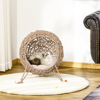 Rattan Elevated Cat Bed House Kitten Basket Ball-Shaped Pet Furniture w/ Removable Cushion