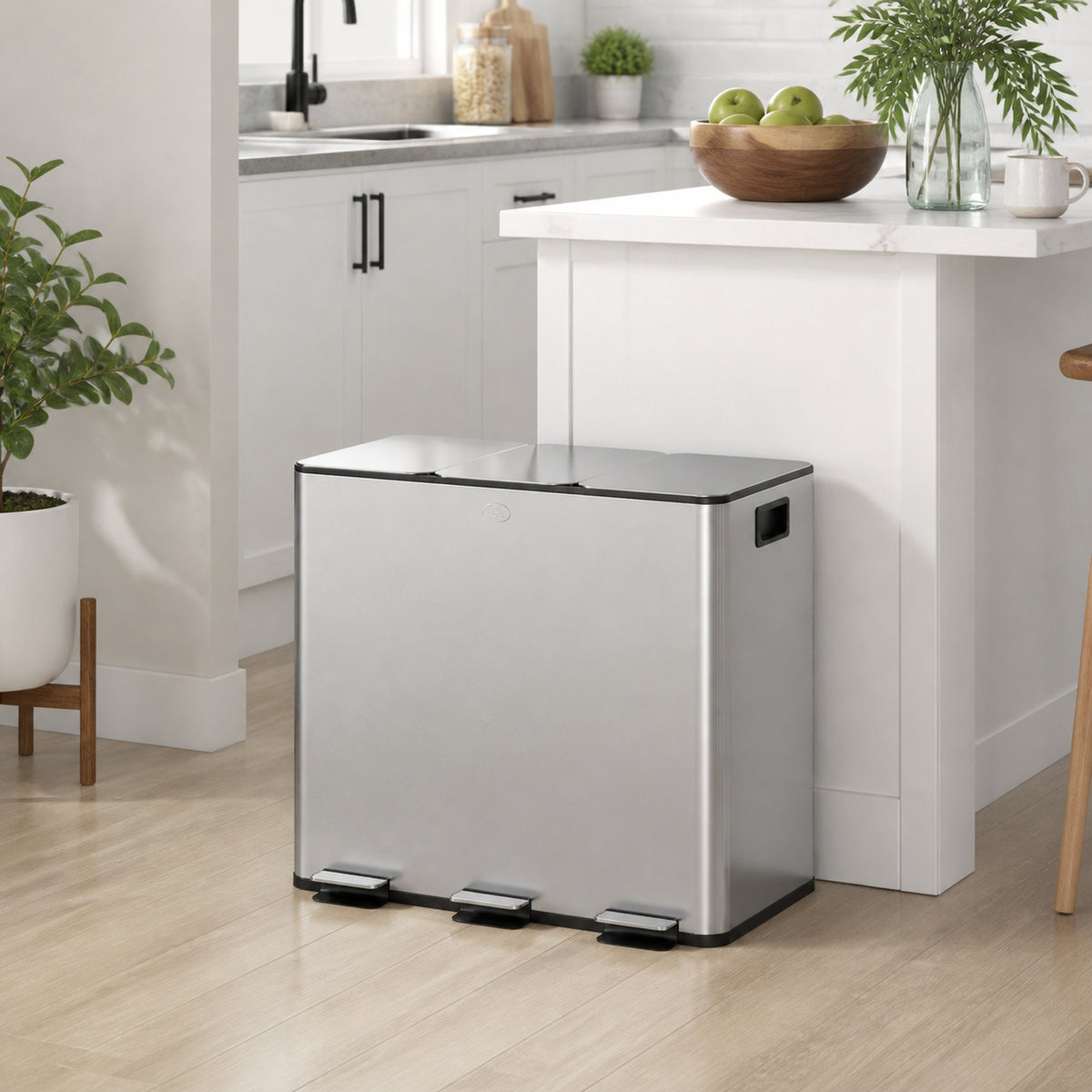 3 x 15L Pedal Bin, Steel Triple Kitchen Bin with Soft Close Lid, Removable Inner Buckets, Fingerprint-Proof, Silver Tone
