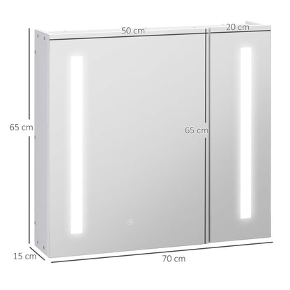 Illuminated Bathroom Mirror Cabinet 650 x 700Hmm LED Bathroom Mirror with Lights Touch Switch, Adjustable Shelf, USB Charge, White