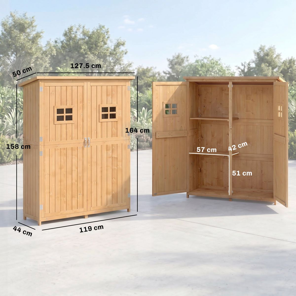 Wooden Garden Shed with Two Windows, Tool Storage Cabinet, Outdoor Double Door Organizer 127.5W x 50D x 164H cm, Natural