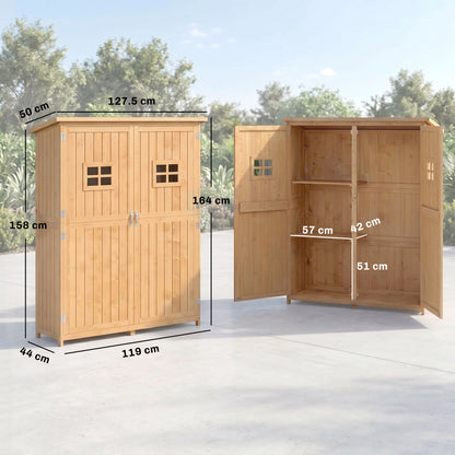 Wooden Garden Shed with Two Windows, Tool Storage Cabinet, Outdoor Double Door Organizer 127.5W x 50D x 164H cm, Natural