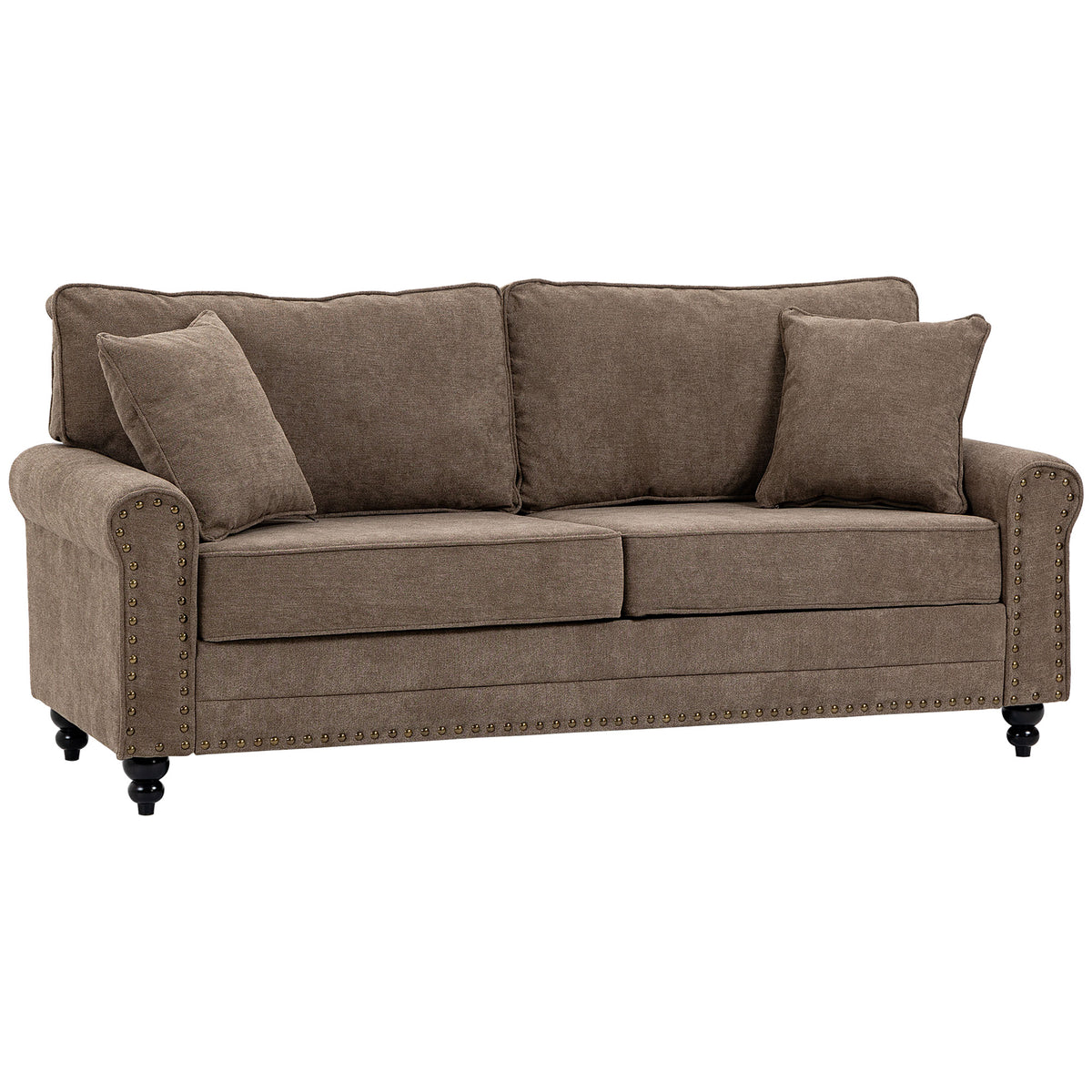 196cm 3 Seater Sofa, Fabric Sofa with Rubber Wood Legs, Nailhead Trim, 2 Pillows, Small Upholstered Couch Settee for Living Room, Guest Room