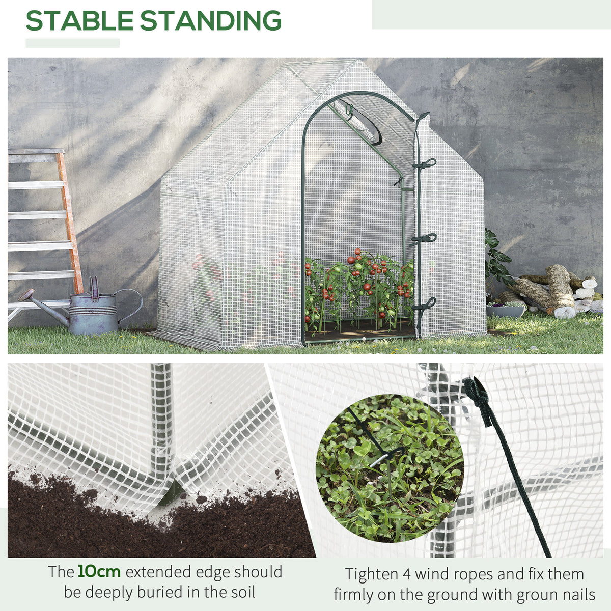 Walk In Tomato Greenhouse Garden Outdoor Mini Greenhouse Flower Planter Steel Frame with Zipped Door & Window, PE Cover, 180 x 100 x 168CM, White