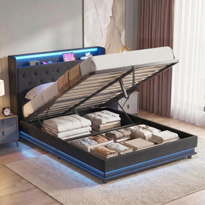 4ft6 Double Bed Frame with Headboard, Platform Bed Frame with Hydraulic Storage, LED Lights and Charging Station, Black