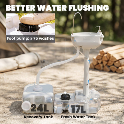 Portable Camping Sink with Running Water and Wastewater Tank, Hand Wash Basin with Rolling Wheels, Foot Pump, Soap Dispenser for Outdoor Events, Gatherings, Picnic