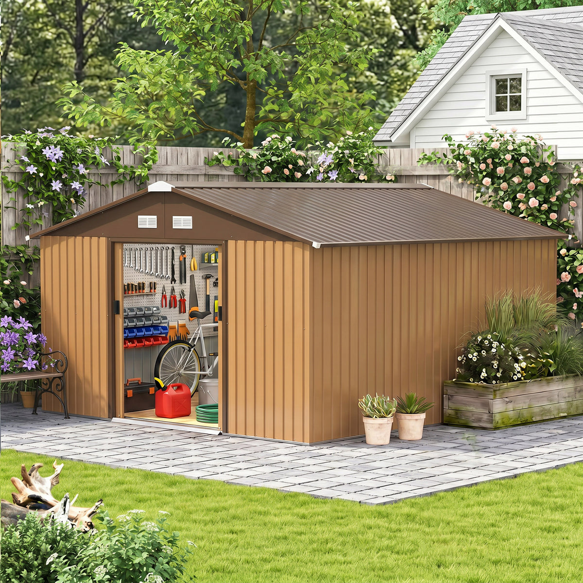 13 x 11ft Metal Garden Shed, Waterproof Outdoor Bike Storage Shed Galvanised with Vents, Foundation Kit, Apex Roof and Lockable Double Doors for Patio Lawn, Light Brown