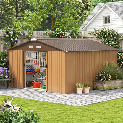 13 x 11ft Metal Garden Shed, Waterproof Outdoor Bike Storage Shed Galvanised with Vents, Foundation Kit, Apex Roof and Lockable Double Doors for Patio Lawn, Light Brown