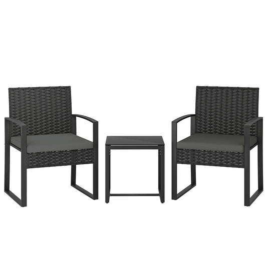 Rattan Bistro Set, 3 Piece Garden Furniture Set with Glass Top Table and Cushions