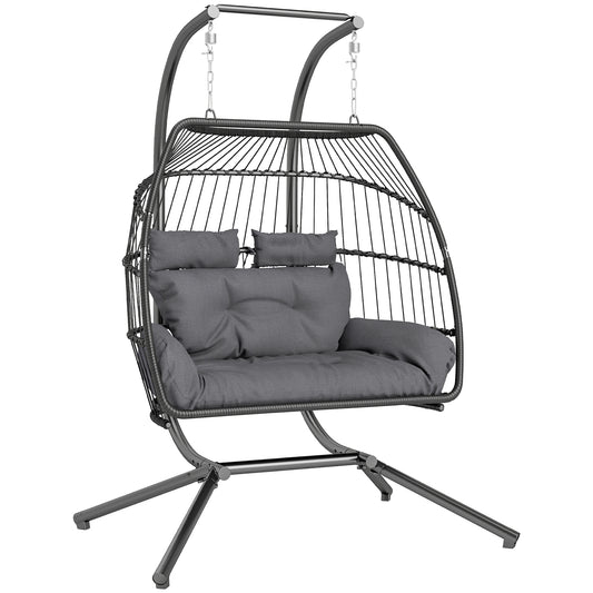 Rattan Double Hanging Egg Chair with Stand, Foldable Wicker Swing Egg Chair with Cushion, Head Pillows, Steel Frame, Hammock Chair for Indoor Outdoor, Capacity 260 kg, Dark Grey
