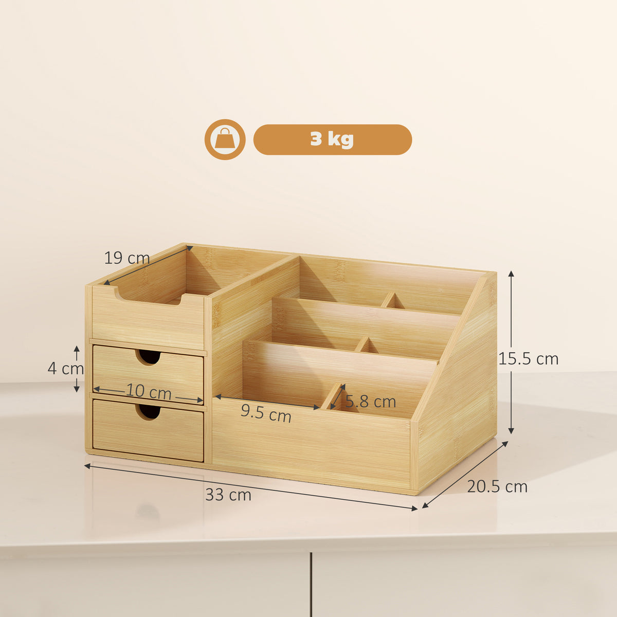 Desk Organiser Holder, Bamboo Multi-Function Storage Caddy with 7 Storage Compartments and 2 Drawers for Home Office Stationary Supplies, Natural Bamboo