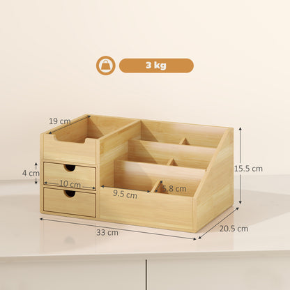 Desk Organiser Holder, Bamboo Multi-Function Storage Caddy with 7 Storage Compartments and 2 Drawers for Home Office Stationary Supplies, Natural Bamboo