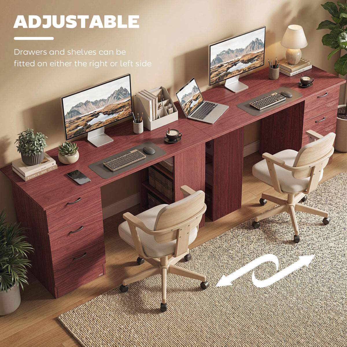 Computer Desk, Writing Table, PC Workstation with 3 Storage Shelves and Drawers, Handle, for Home Office, Walnut Brown