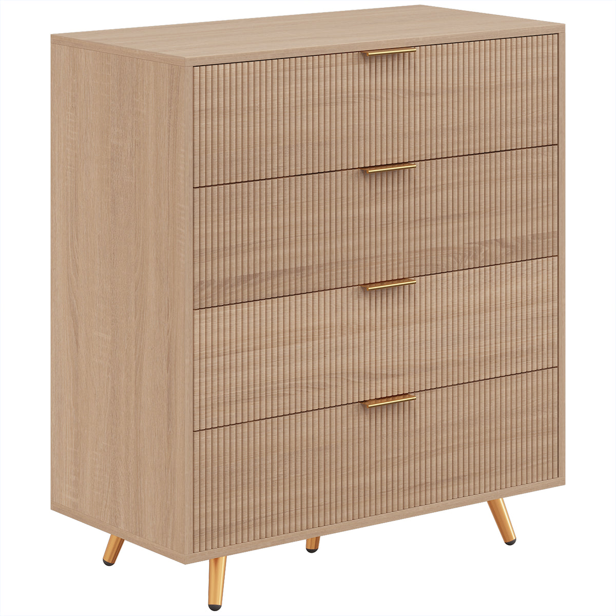 Bedroom Chest of Drawers with 4 Drawers, Fluted Dresser with Gold Tone Handles, Storage Cabinet, Natural