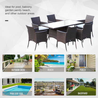 6 Seater Rattan Dining Set with Cushions, Rattan Garden Furniture Set with 6 Armchairs, Rectangular Glass Top Table, Outdoor Dining Table and Chairs, Brown