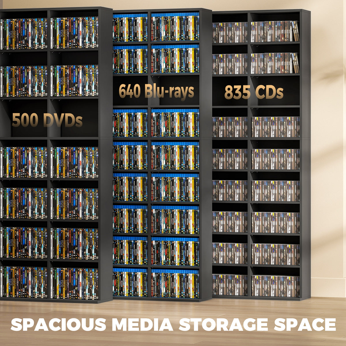 835 CD/500 DVD Storage Unit, Blu-ray Media Storage Shelf with 27 Compartments and 21 Adjustable Shelves