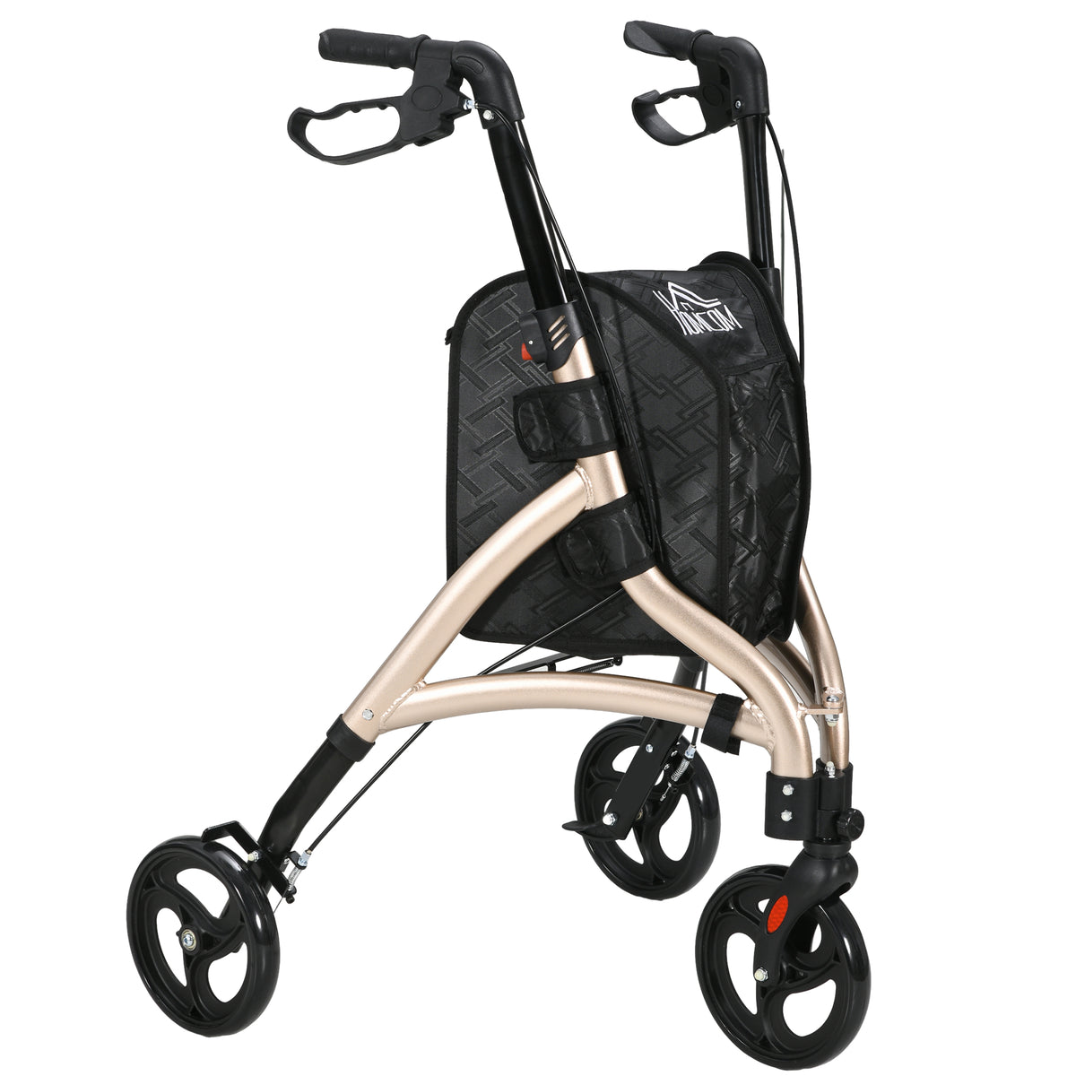 3 Wheel Rollator, Lightweight Aluminium Tri Walker with Adjustable Handle, Storage Bag and Dual Brakes, 5.3kg, Gold Tone