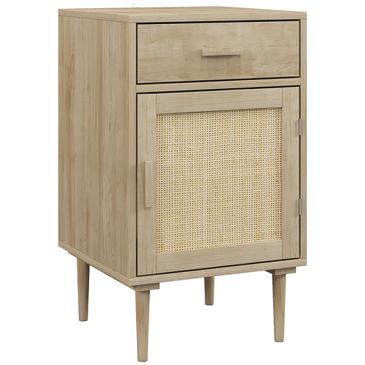 Bedside Table, Rattan Side Tables with Drawer, Cabinet and Adjustable Shelf, Boho Bedside Cabinet with Storage for Bedroom, Living Room, Natural Wood Effect
