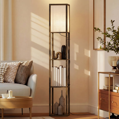 3-Tier Floor Lamp with Shelves and Storage, Modern Corner Standing Lamp with Lampshade, Foot Switch for Living Room, Bedroom, Home Office, Bulb not Included, Brown