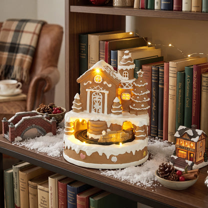 Christmas Gingerbread House, Lighted Musical Snow Village with Rotating Train, LEDs, Tunes, Battery Operated