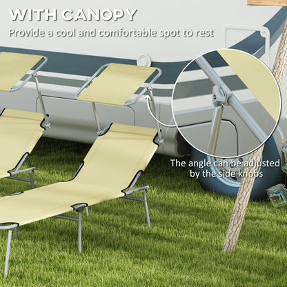 Folding Sun Lounger Set of 2 with Canopy, Reclining Sunbed with 4-Position Adjustable Backrest, 600D Oxford Cloth, Portable Garden Lounger Recliner Chair for Beach, Camping, Patio, Beige