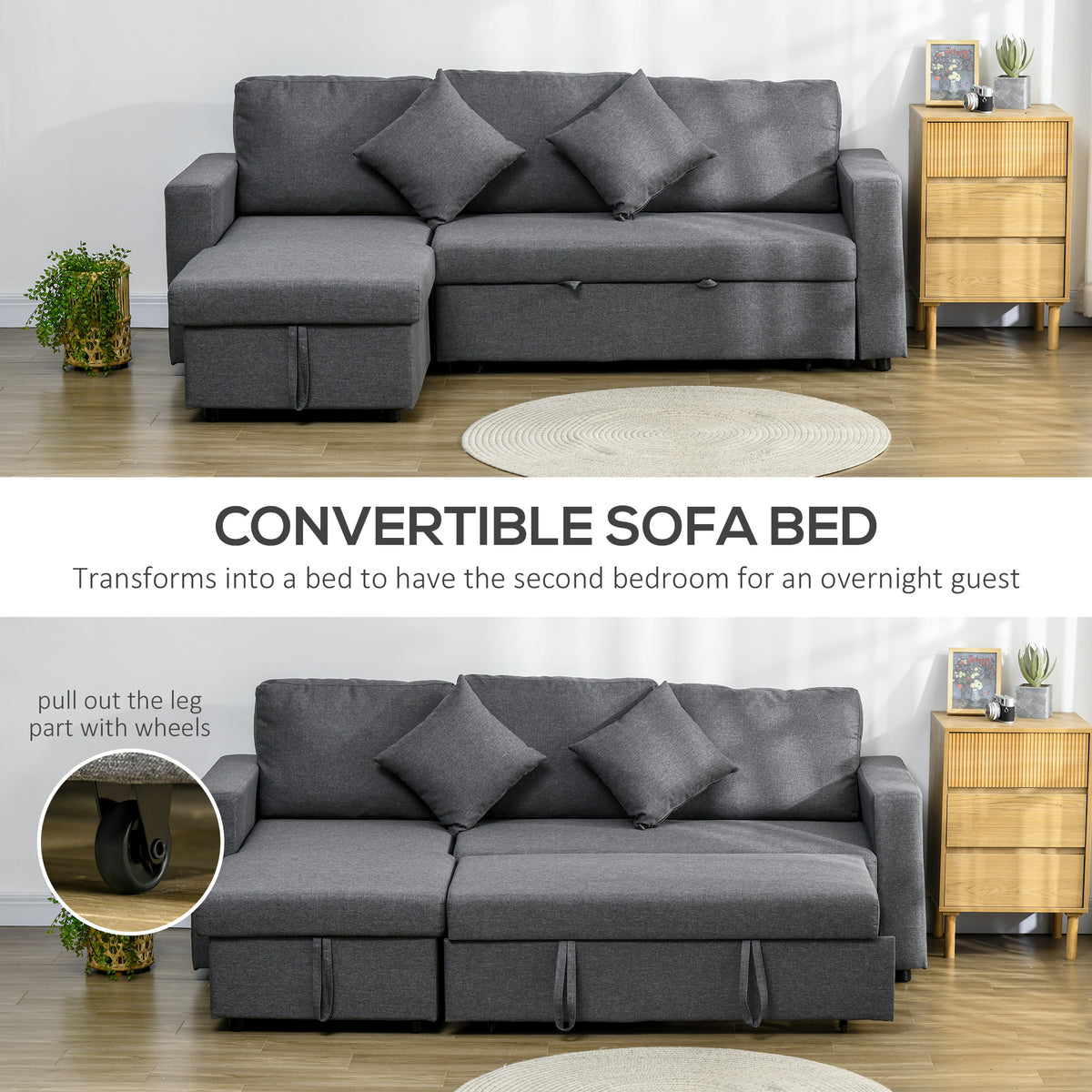 3 Seater Sofa Bed with Storage, Dark Grey