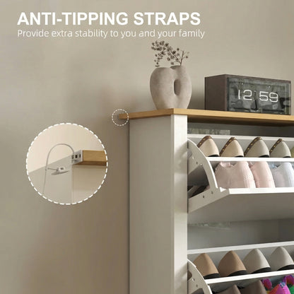 Slim Shoe Cabinet, Narrow Shoe Cupboard with 2 Flip Drawers, Adjustable Shelves for 12 Pairs of Shoes, High Gloss White