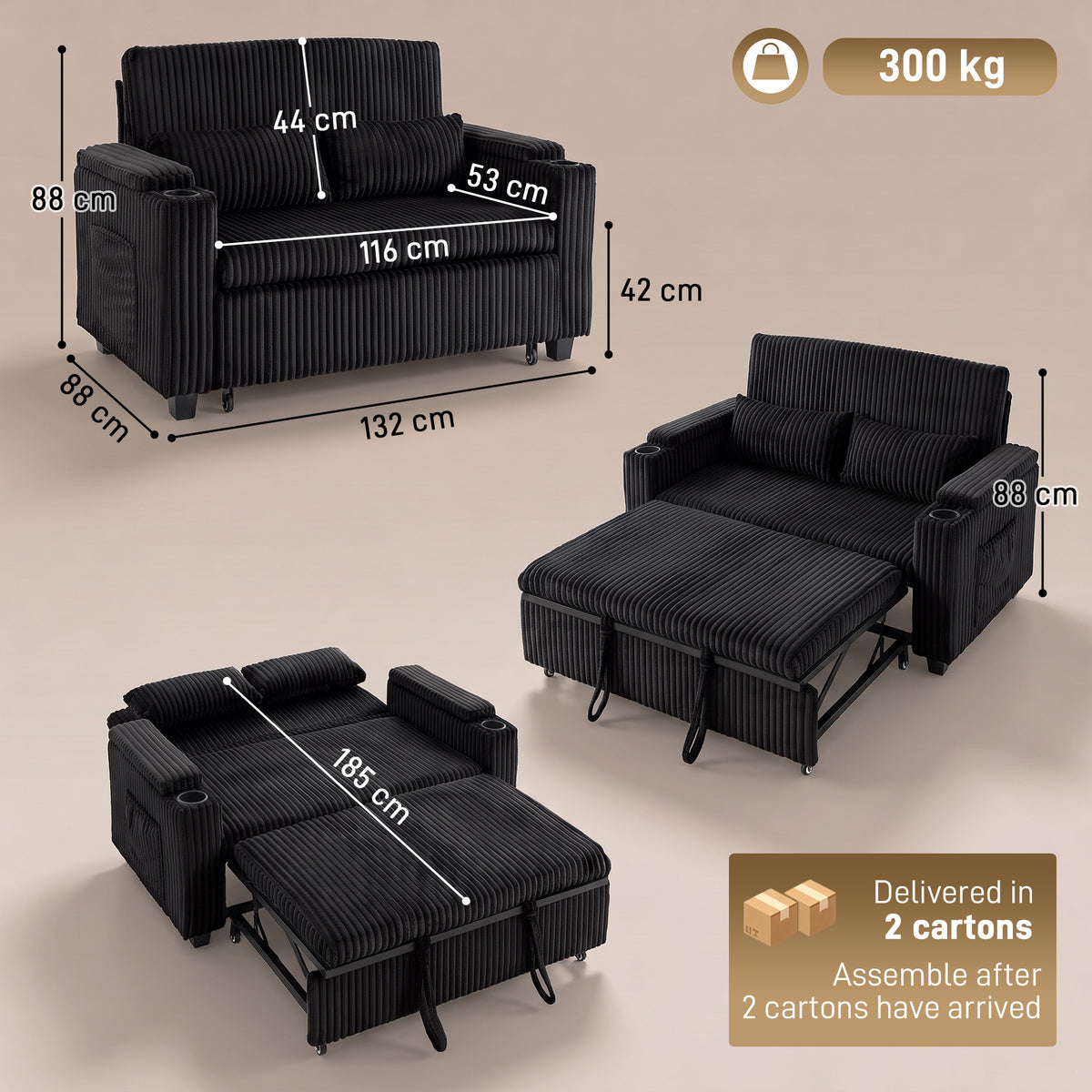 2 Seater Sofa Bed, Pull Out Sleeper Sofa w/ Adjustable Backrest, Storage Armrests, Cup Holders, Side Pockets