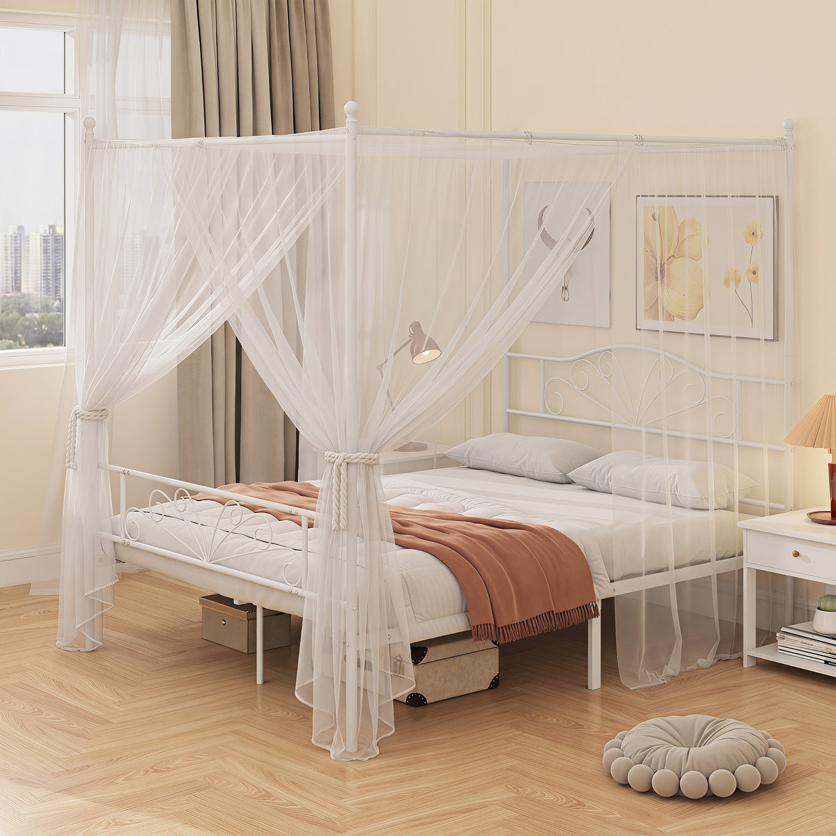 Canopy Bed Frame Double Size, Metal Platform Bed Frame with Headboard and Footboard, Underbed Storage, White