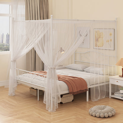 Canopy Bed Frame Double Size, Metal Platform Bed Frame with Headboard and Footboard, Underbed Storage, White