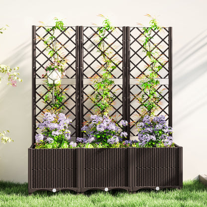Raised Garden Bed with Trellis, Plastic Planter Box with Drainage Holes, Drain Plugs and Water Reservoirs for Climbing Plants, Vegetables, Flowers, Brown