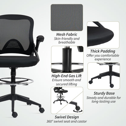 Drafting Chair with Flip-up Armrest, Mesh Office Stool with Foot Ring, 360 Degree Swivel Height Adjustable Chair for Standing Desk, Black