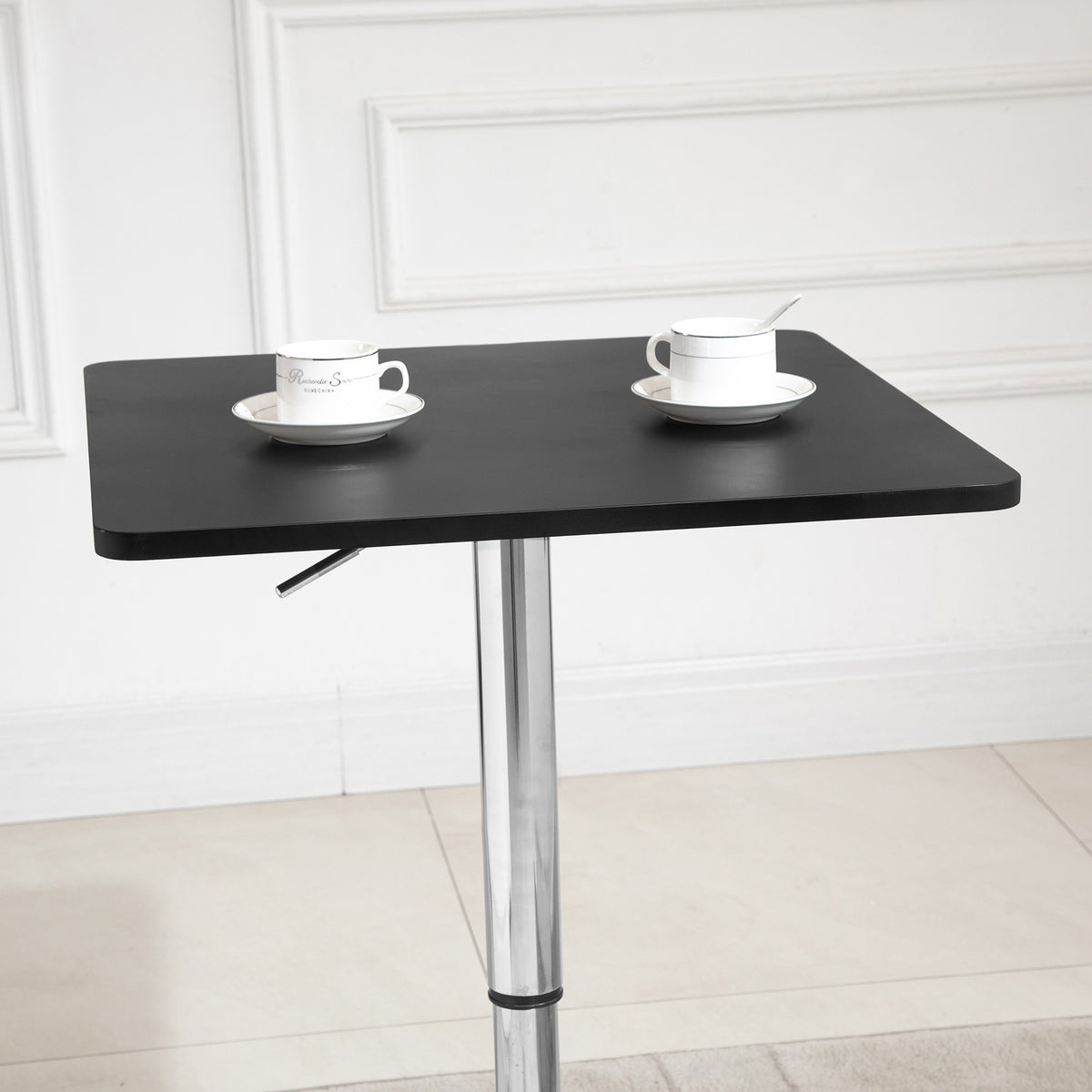 Modern Height Adjustable Counter Bar Table with 360° Swivel Tabletop and Electroplating Metal Base, Pub Desk for Living Room, Kitchen, Restaurant, Pub, Black and Silver