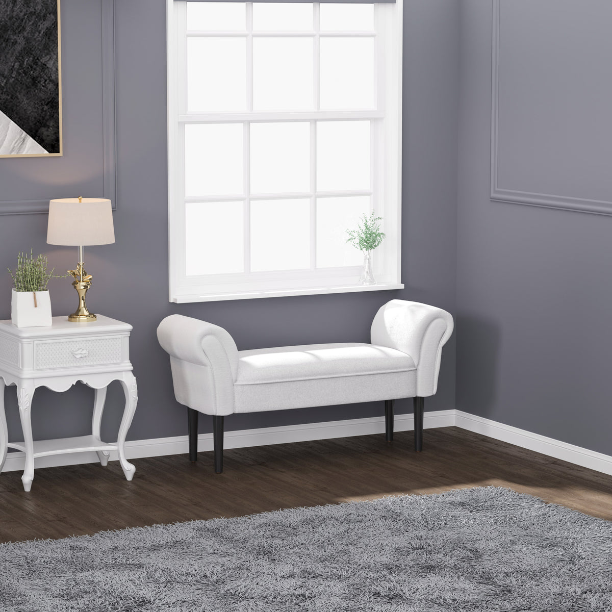 End of Bed Bench, Upholstered Window Seat with Arms and Wooden Legs, Modern Shoe Bench for Entryway, Living Room, Bedroom, Greyish White