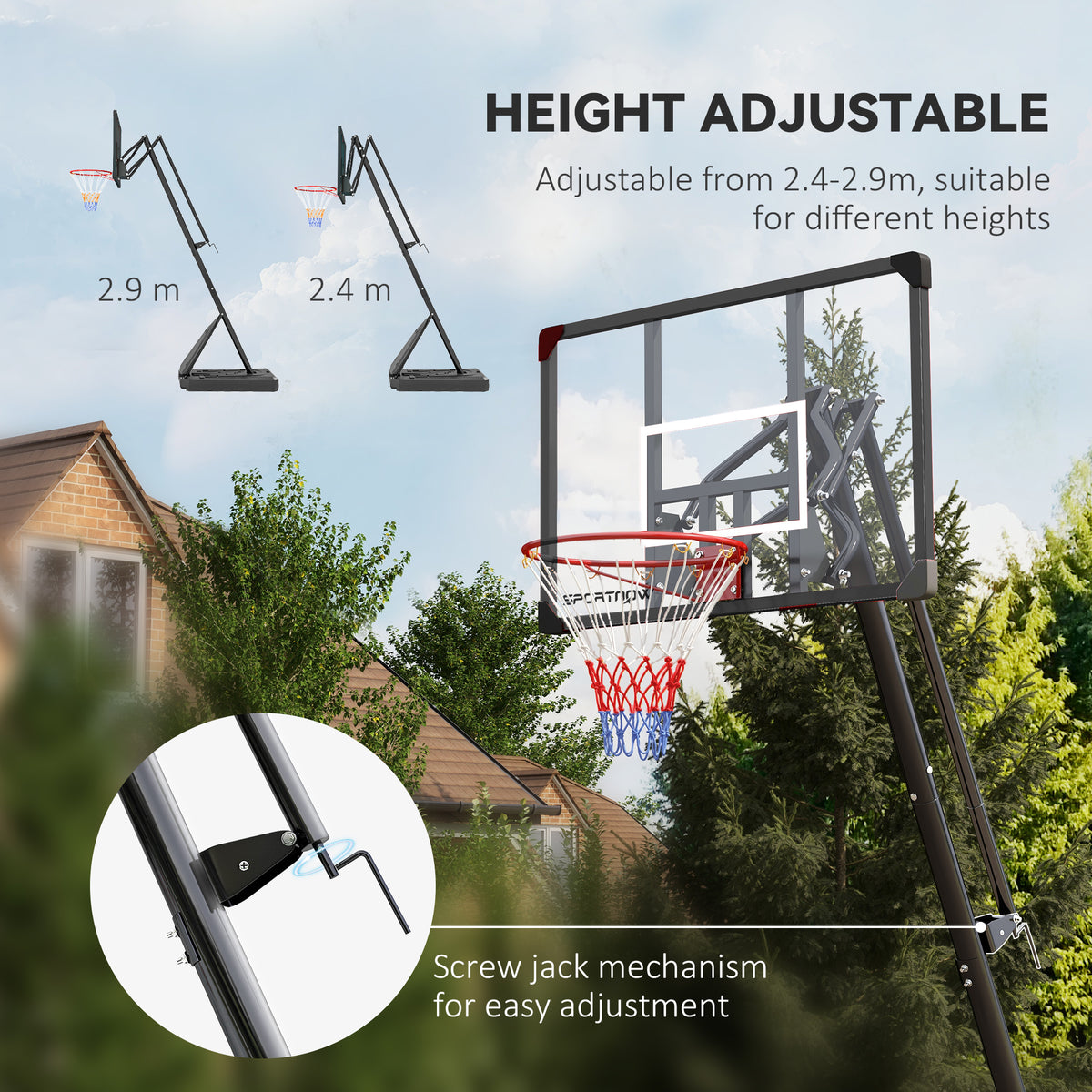 2.4-2.9m Adjustable Basketball Hoop and Stand with Weighted Base, Portable on Wheels