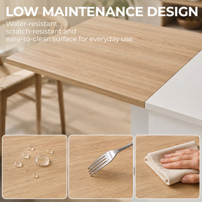 Folding Dining Table, Drop Leaf Table with 2-Tier Shelves, Rolling Casters, White and Natural