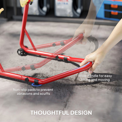 Motorcycle Rear Wheel Stand, 544 kg Capacity Heavy Duty Steel Motorbike Motorcycle Paddock Stand Lift with Adjustable U + L Forks, Wheels, Non-Slip Pads for Workshop Garage Repair, Red